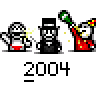 A 3x3 contact sheet of eight animated frames from a pixel art buddy icon featuring three distinct characters: a white stick figure, a black top-hatted figure, and a red character with green maracas, all set against a gray background.