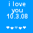 Blue background with white pixelated text reading 'i love you 10.3.08' and five star-like symbols below, where the third symbol changes from light blue to white between two views.