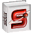 A pixelated red letter S with black outlines inside a white rectangular frame on gray background.