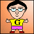 Pixelated cartoon character with black hair, light blue glasses, yellow shirt with 'G', pink shorts, red shoes on peach background.