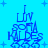 Blue pixelated text and castle-like shapes on a bright blue background with scattered plus signs.