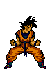 Pixel art character in orange martial arts uniform with blue undershirt, black hair, and red shoes, shown in multiple poses including crouched, raised fists, and glowing yellow aura.