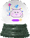 Pixelated snow globe with pink character holding blue staff, purple base, and scattered colored particles inside.