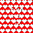 Red background filled with white heart shapes, featuring pixelated text and symbols scattered across the pattern.