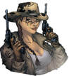 A pixelated character wearing a wide-brimmed camouflage hat, glasses, and a brown jacket over a white shirt holds two black handguns raised near her head.