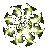 Pixelated green and white abstract shape with radiating pointed forms on a gray background.