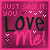 A 3x2 contact sheet of five animated frames showing a pink and purple pixel art design with text "JUST SAY IT: YOU Love Me!" and heart symbols, each frame displaying slight variations in color intensity and small heart positions.