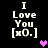 A 4-frame animated contact sheet showing repeated text "I Love You [xO.]" with pixelated hearts in different colors and positions across frames on a black background.