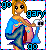 Pixel art buddy icon of a cartoon woman holding a camera with 'gami' text and blue/black border elements.