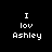 Four variations of a pixelated text-based design showing 'I lov Ashley' with red background bars over different words, arranged in a on black