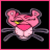 Pixelated pink cartoon cat with closed eyes, yellow nose, and dark gray limbs against black background framed by bright pink border.