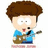 Pixelated cartoon character with brown hair, blue shirt, and pink shoes holding a guitar-like instrument.