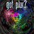 A pixelated image with four distinct sections showing a swirling green vortex, pink cloud-like shapes, a figure in striped clothing holding an object, and a person with rainbow-colored hair.