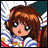 A pixelated anime-style character with brown hair and blue eyes in a striped outfit, next to stylized text on a black background.