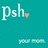 Pixelated teal background with white text 'Psh' and a small pink heart symbol, plus two blurred pixel clusters at the bottom.