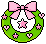 Pixel art wreath with green foliage, pink bow, and pink star/heart accents on gray background.