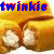 Pixelated static image of a Twinkie snack with text above it on a yellow background.
