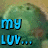 Pixelated green frog-like creature with two small eyes, blue text reading 'my luv...' on left and 'BIRDY!' on right.
