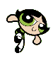 Animated cartoon character with green eyes and black hair in various poses against gray background.
