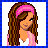 Pixelated image of a woman with long brown hair wearing a pink headband and top, next to text reading 'Dumb Brunette' followed by multiple exclamation marks.