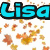 Pixelated blue text 'Lisa' with black outline appears over autumn leaves on white background, then shifts to orange gradient backdrop with falling red and brown leaves.