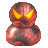 A pixelated abstract icon with two rounded sections, upper section featuring yellow crescent shapes on a reddish-brown background, lower section with a white highlight on a pinkish-red surface.
