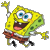 Pixelated yellow cartoon character with blue eyes, brown shorts, and green sponge texture running while holding a star-shaped object in one hand.