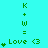 A cyan background displays three vertical of green text and symbols, each containing four with variations in heart count above 'Love <3' text