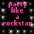 Pixelated pink text "party like a rockstar" on black background with white sparkles, arranged in four identical quadrants.