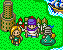 Pixel art scene with four characters on green grass, a tower, and a ship on water; one character's head turns left to right across frames.