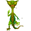 Animated green dragon-like creature with yellow eyes and red mouth, performing sequential motion cycles against gray background.