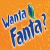 Animated Fanta advertisement featuring orange background, blue text "Wanta Fanta?", and four women in colorful outfits holding bottles.