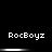 Pixelated text 'RocBoyz' appears in two on a black background with horizontal white bars beneath each