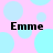 Pink background with light blue circles and four instances of the text 'Emme' in black font.