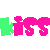 Animated sequence showing repeated 'kiss' text in pink and green, transitioning to 'kiss me ... now' with two kissing couple images.