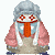 Pixelated character with gray hair, red eyes, and a blue mask covering its mouth, wearing a pink jacket and beige pants, performing sequential hand movements.