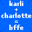 Static blue background with white pixelated text reading 'kadi + charlotte = bffe' and four small dark blue squares at corners.
