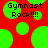 Red background with multiple bright green circles; black pixelated text "Gymnast Rock!!!!" appears twice on the left and right sides.