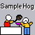 Pixel art animation of two figures at a table with changing props and expressions, including frying pans, flames, and blue dots on heads.