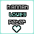 Pixelated text reads 'hannah loves peter' with a cyan heart below, all on white background bordered by light blue.