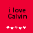 Red background with black text 'i love Calvin' and five pixelated hearts below, where the third heart is pink and the others white.