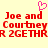 Pixelated red text on a light yellow background with a pink heart symbol above the first 'Joe and' phrase.