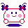 Pixelated character with white rounded head, red outline, pink cheeks, blue square eyes, and purple bow with red center on top; two states show open mouth smile or closed eyes.
