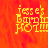Pixelated yellow text on orange background with partial gray overlay in bottom-right corner.