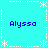 Pixel art icon with cyan background, white star and dotted lines forming a , four instances of blue text "Alyssa" at corners