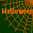 Green background with orange spiderweb pattern and 'Halloween' text in orange, showing partial web coverage across four quadrants.