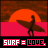 Pixelated image of a surfer silhouette holding a board against an orange sunset over pink water, with text reading "SURF = LOVE." at the bottom.