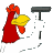 A 4-frame animated contact sheet showing a cartoon rooster character holding and moving a black hammer-like object against a gray background.