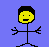 Pixelated stick figure with yellow face and black hair in three poses against blue background, showing facial expressions and arm positions.