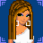 Pixel art contact sheet showing multiple frames of an animated icon featuring a cartoon woman with long brown hair, white crop top, and pink patterned pants against a blue background with purple snowflake patterns.